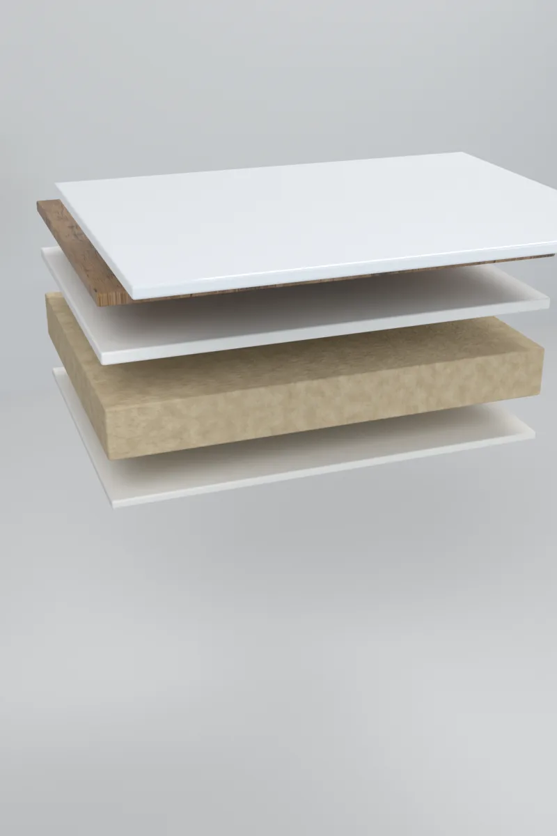 Opbouw van DecorPanel met de beschermende topcoating naar voren