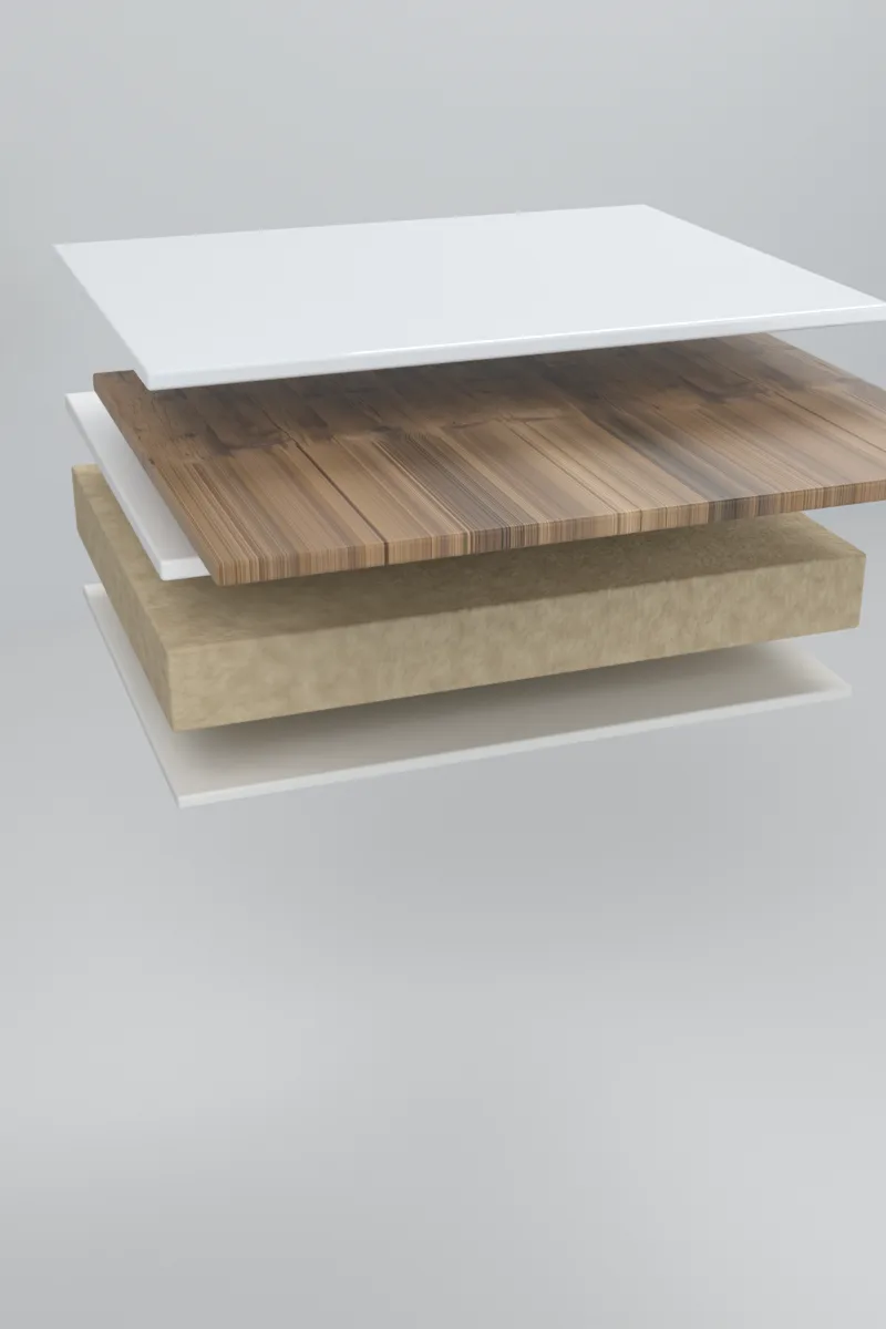 Opbouw van DecorPanel met de geprinte decorlaag met houtdecor naar voren
