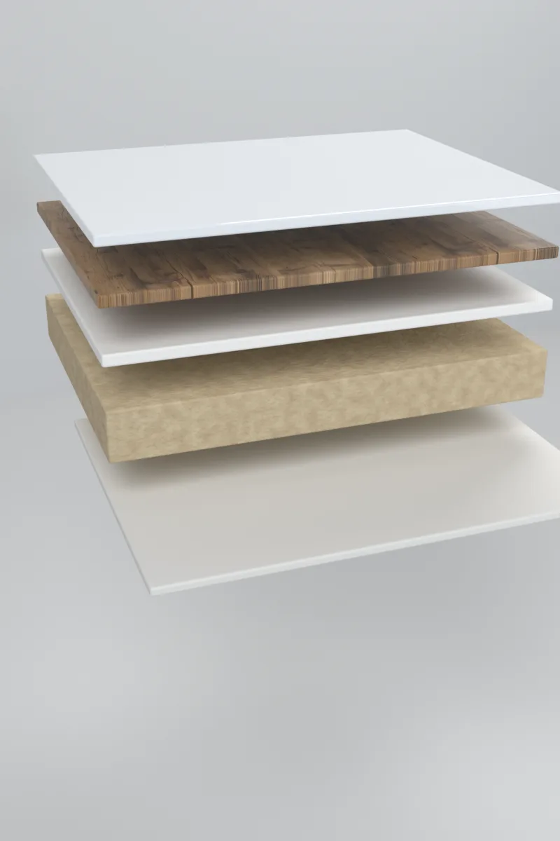 Opbouw van DecorPanel met de rugcoating aan de achterzijde naar voren