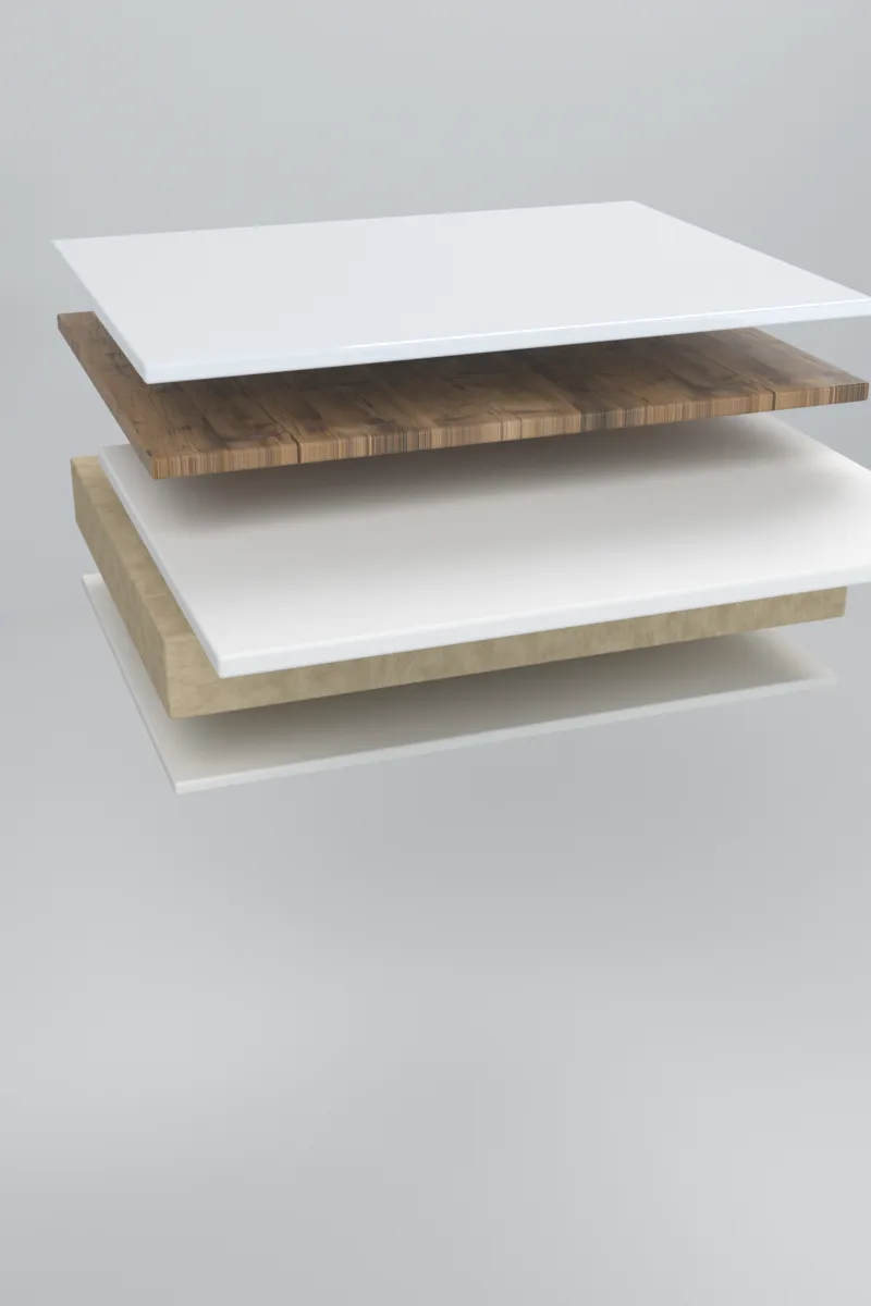 Opbouw van DecorPanel met de witte basislak als voorbehandeling naar voren