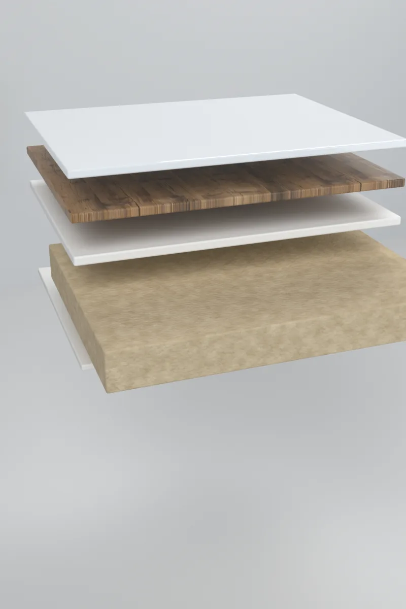 Opbouw van DecorPanel met het basismateriaal spaanplaat naar voren
